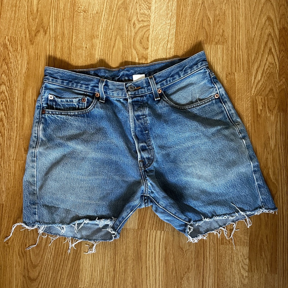 Levi’s Denim Highwaisted Shorts, distressed bottom, button up (no zipper)